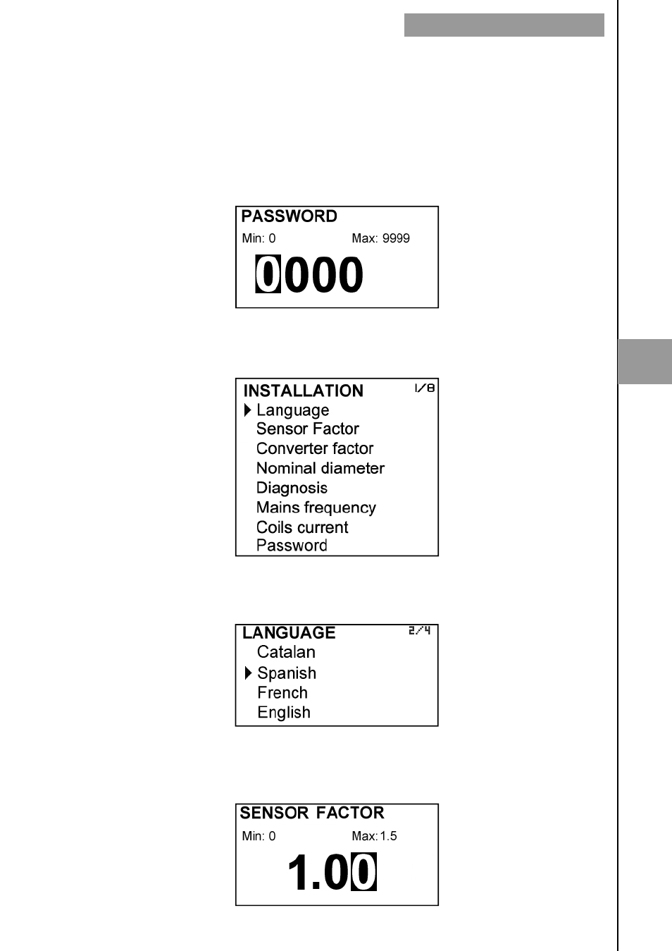 Installation parameters, 1 language, 2 sensor factor | Tecfluid MX4 For FLOMAT Series User Manual | Page 29 / 56