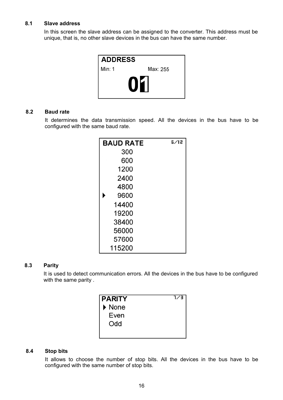 1 slave address, 2 baud rate, 3 parity | 4 stop bits | Tecfluid MX4B User Manual | Page 16 / 24