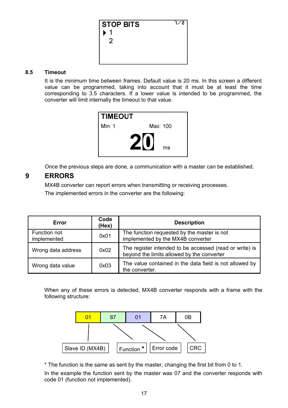 5 timeout, Errors, 9 errors | Tecfluid MX4B User Manual | Page 17 / 24