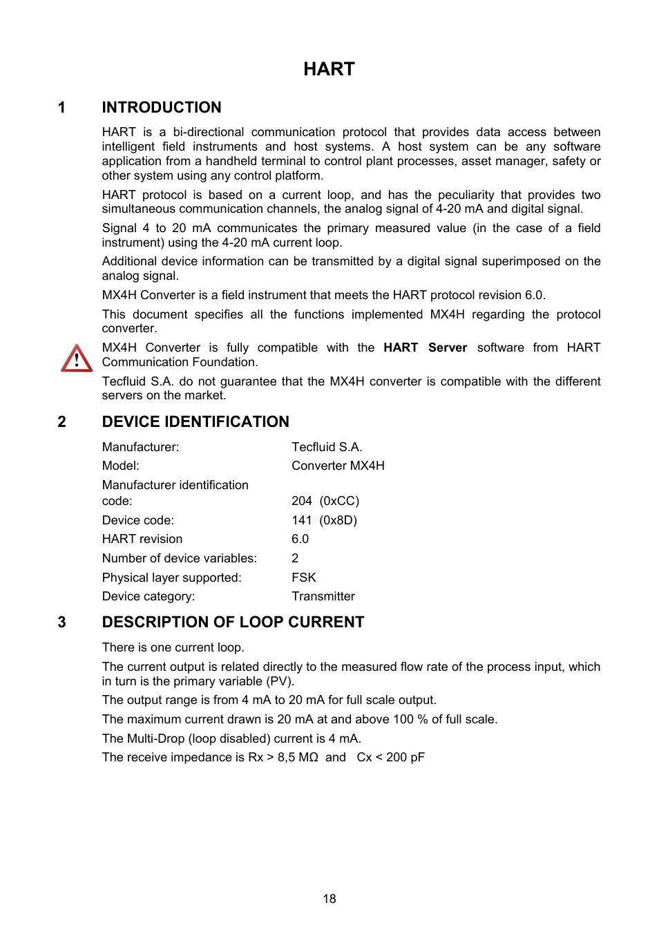 Hart, Introduction, Device identification | Current loop description | Tecfluid MX4B User Manual | Page 18 / 24