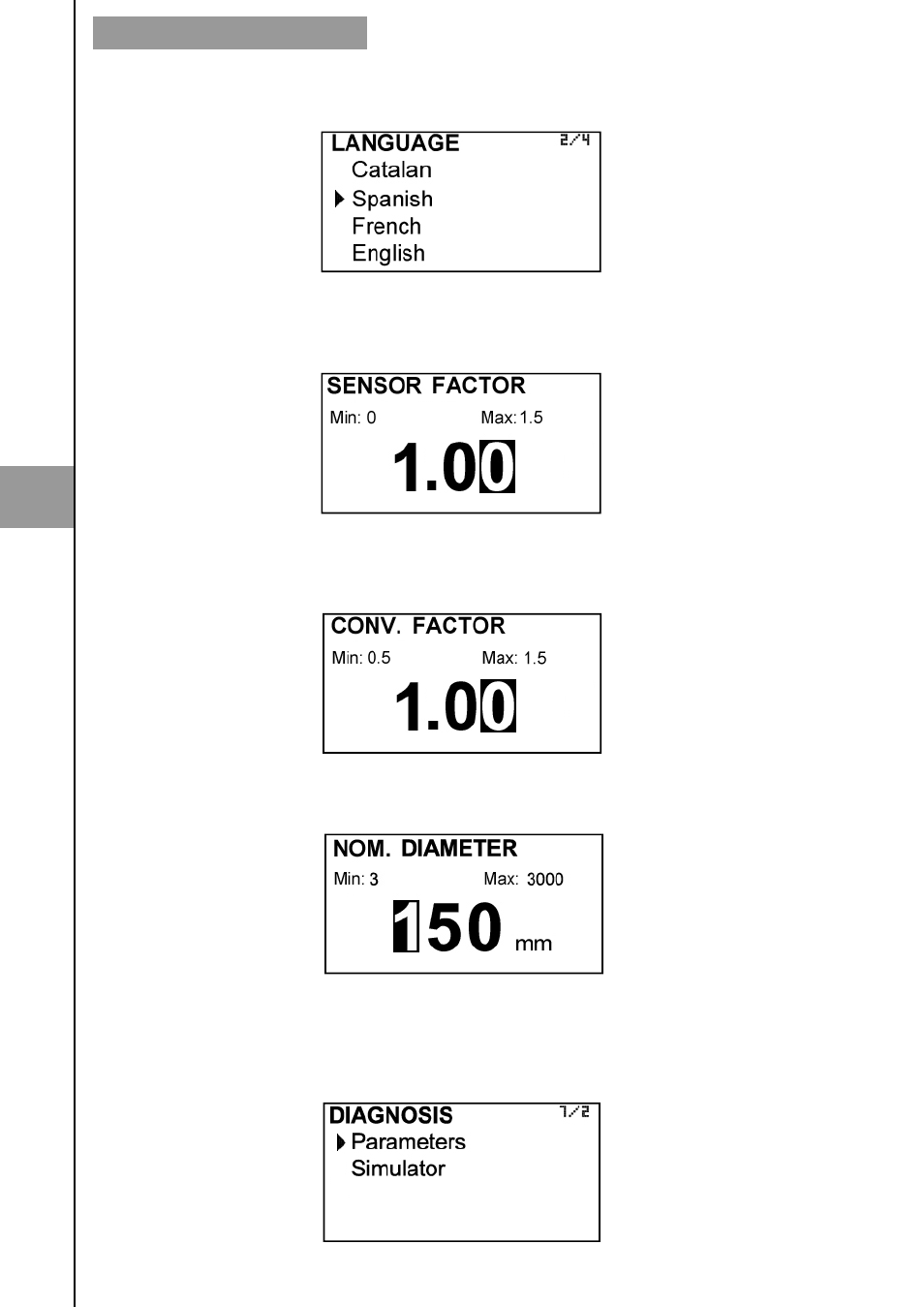 1 language, 2 sensor factor, 3 converter factor | 4 nominal diameter, 5 diagnosis | Tecfluid MX4 For FLOMID Series User Manual | Page 30 / 64