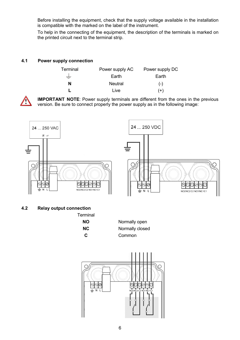 1 power supply connection, 2 relay output connection | Tecfluid LD61R User Manual | Page 6 / 12