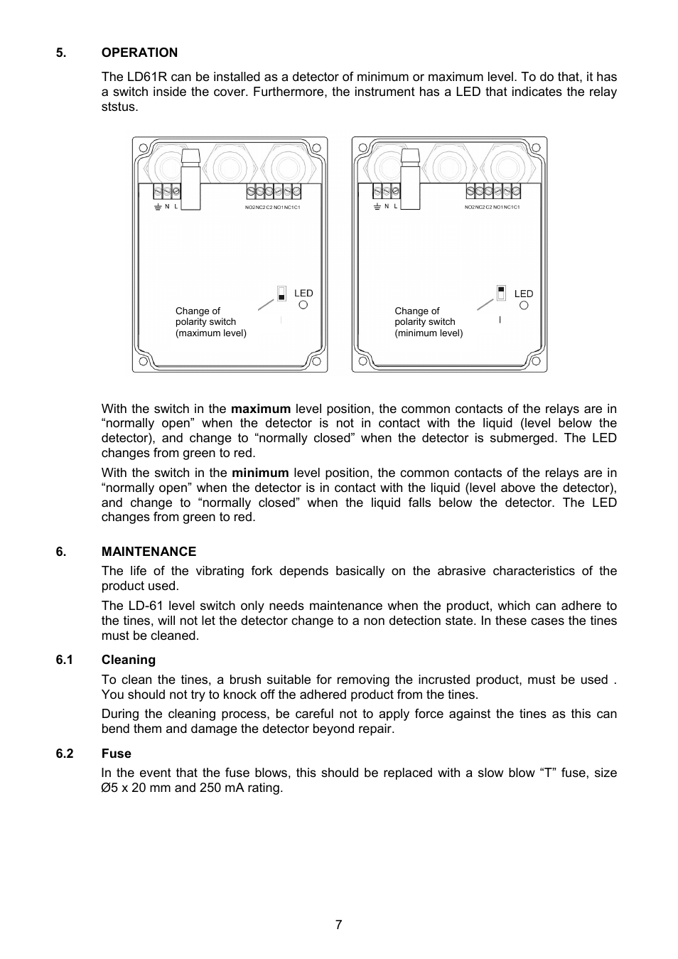 Operation, Maintenance, 1 cleaning | 2 fuse | Tecfluid LD61R User Manual | Page 7 / 12