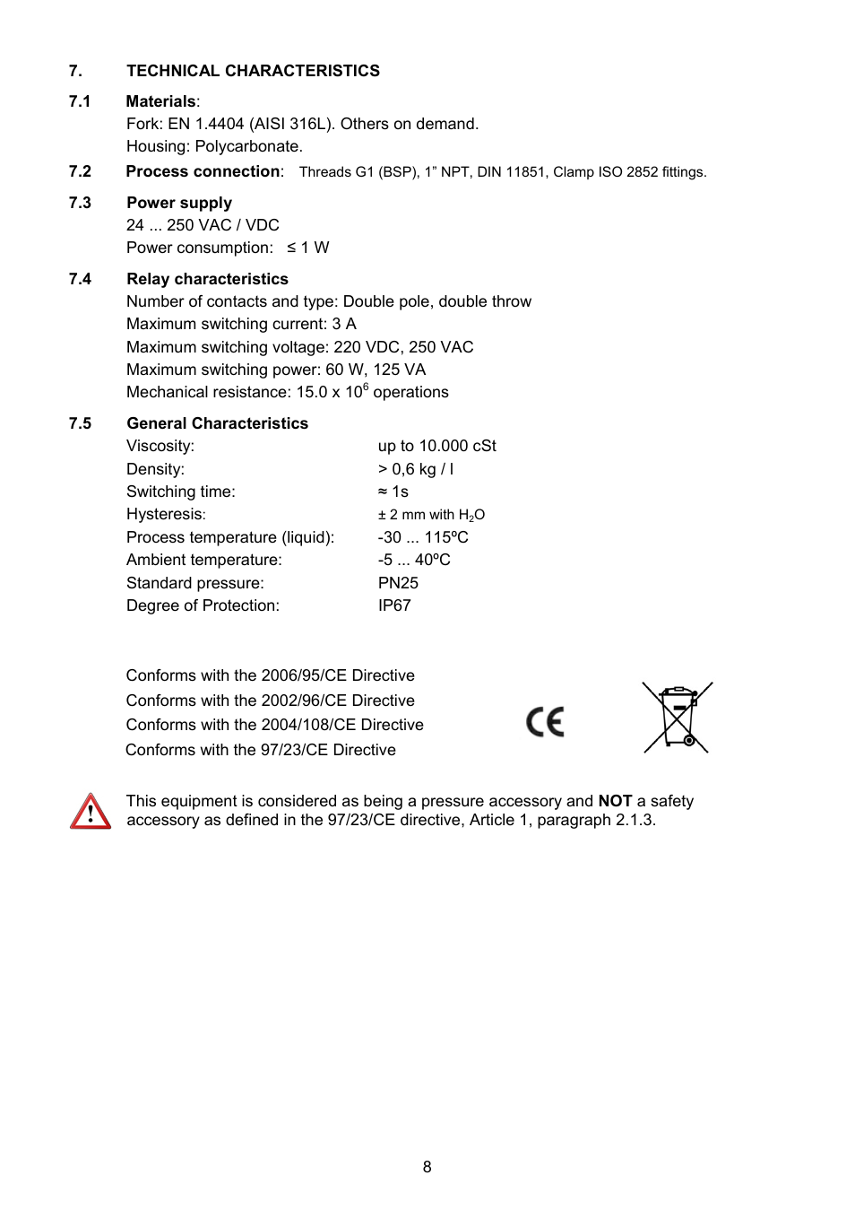 Technical characteristics, 1 materials, 2 process connection | 3 power supply, 4 relay characteristics, 5 general characteristics | Tecfluid LD61R User Manual | Page 8 / 12