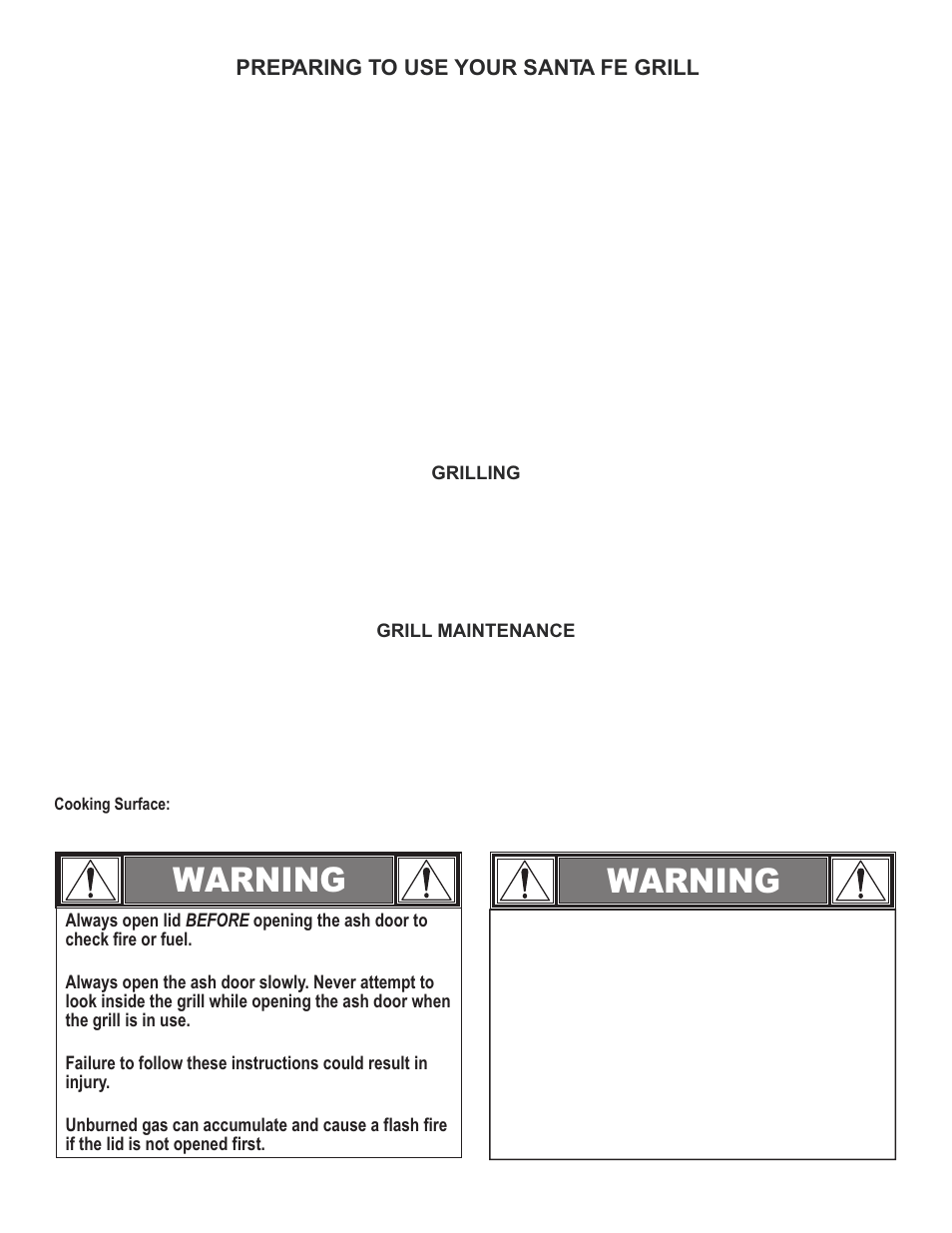 Warning, Preparing to use your santa fe grill | Char-Broil SANTA FE 10301569 User Manual | Page 3 / 16