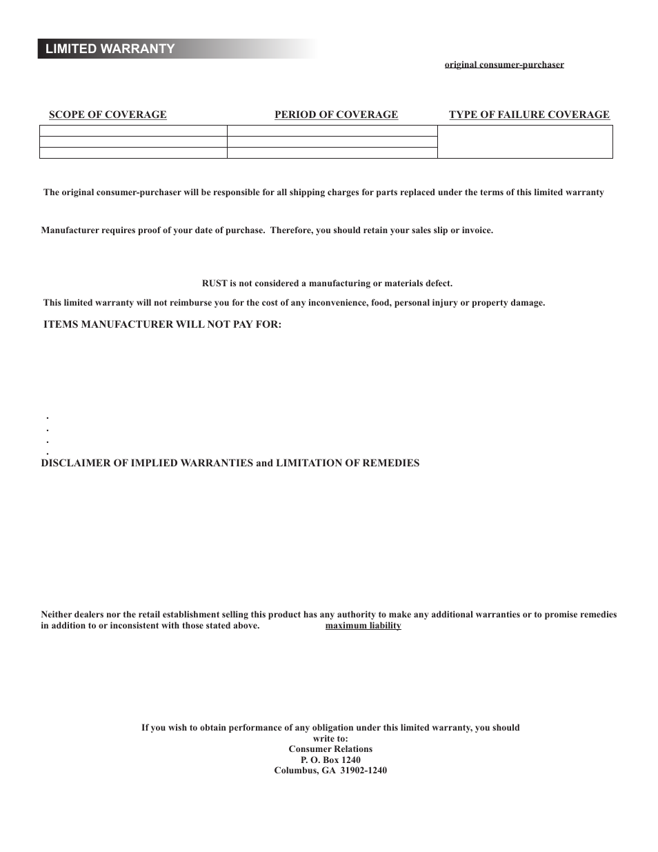 Limited warranty | Char-Broil SANTA FE 10301569 User Manual | Page 6 / 16