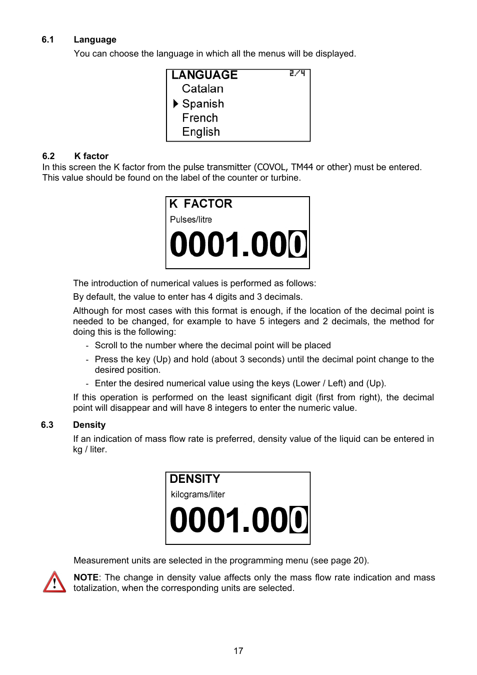 1 language, 2 k factor, 3 density | Tecfluid MT03F User Manual | Page 17 / 40