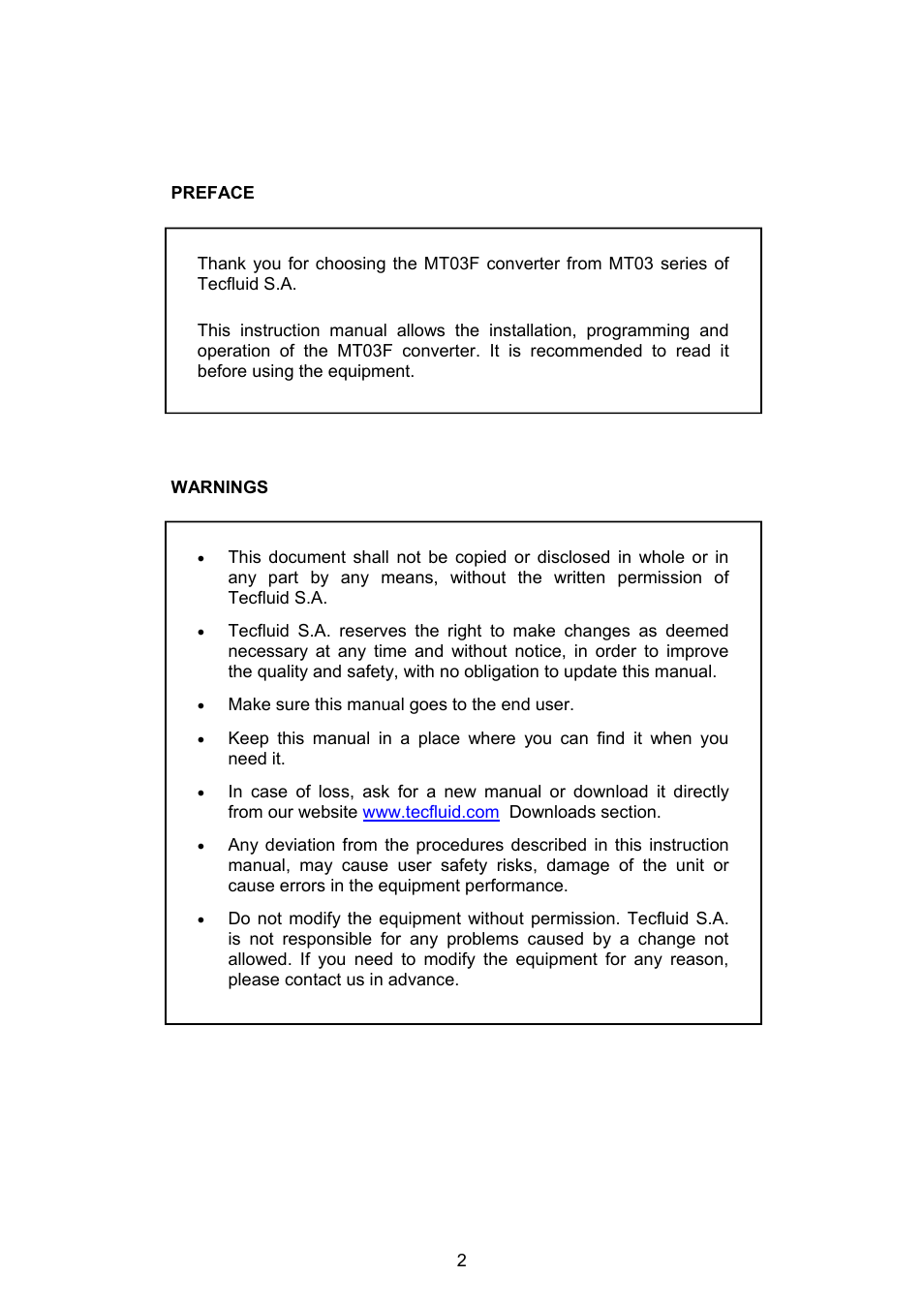 Tecfluid MT03F User Manual | Page 2 / 40