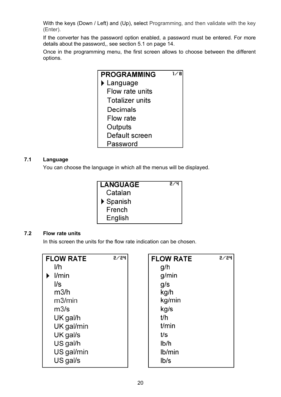 1 language, 2 flow rate units | Tecfluid MT03F User Manual | Page 20 / 40