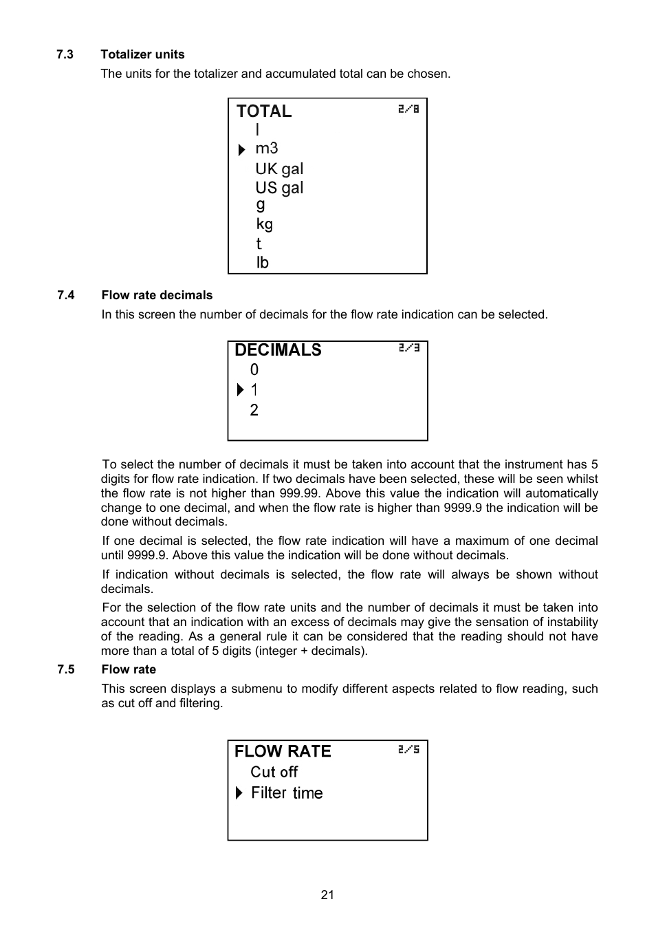 3 totalizer units, 4 flow rate decimals, 5 flow rate | Tecfluid MT03F User Manual | Page 21 / 40