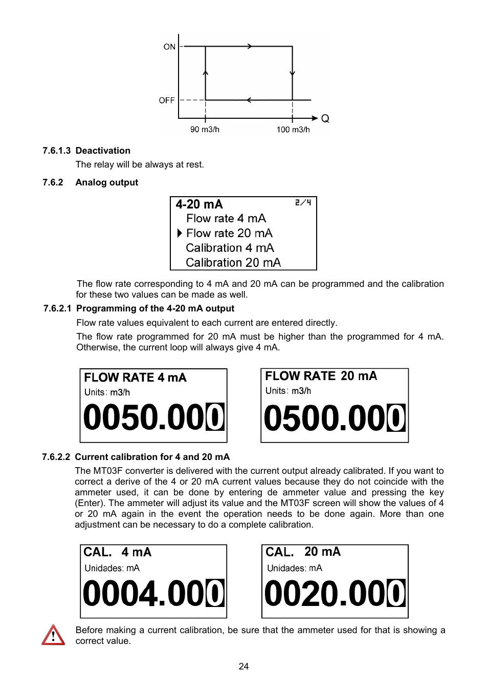 3 deactivation, 2 analog output, 1 programming of the 4-20 ma output | 2 current calibration for 4 and 20 ma | Tecfluid MT03F User Manual | Page 24 / 40