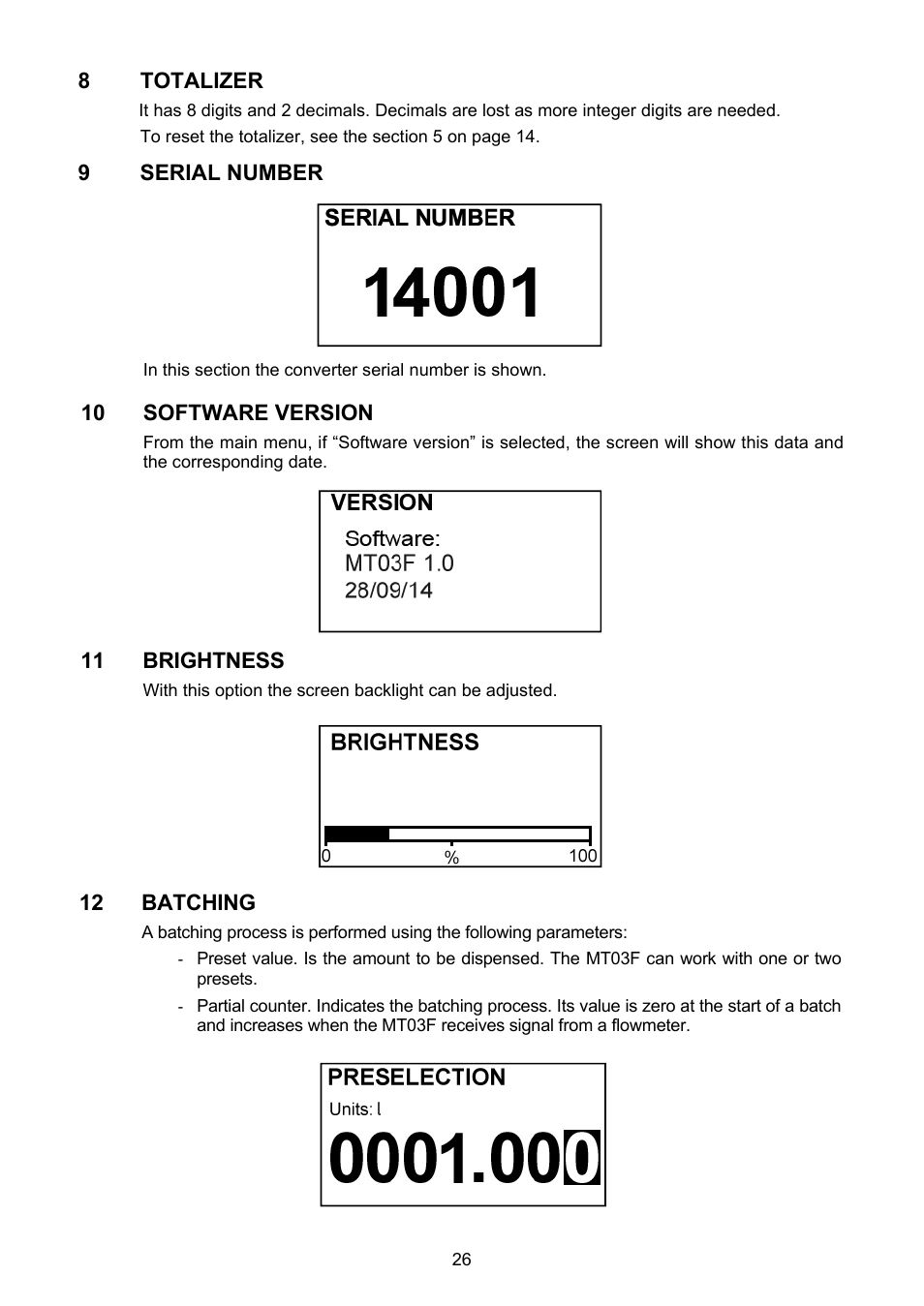 Totalizer, Serial number, Software version | Brightness, Batching | Tecfluid MT03F User Manual | Page 26 / 40