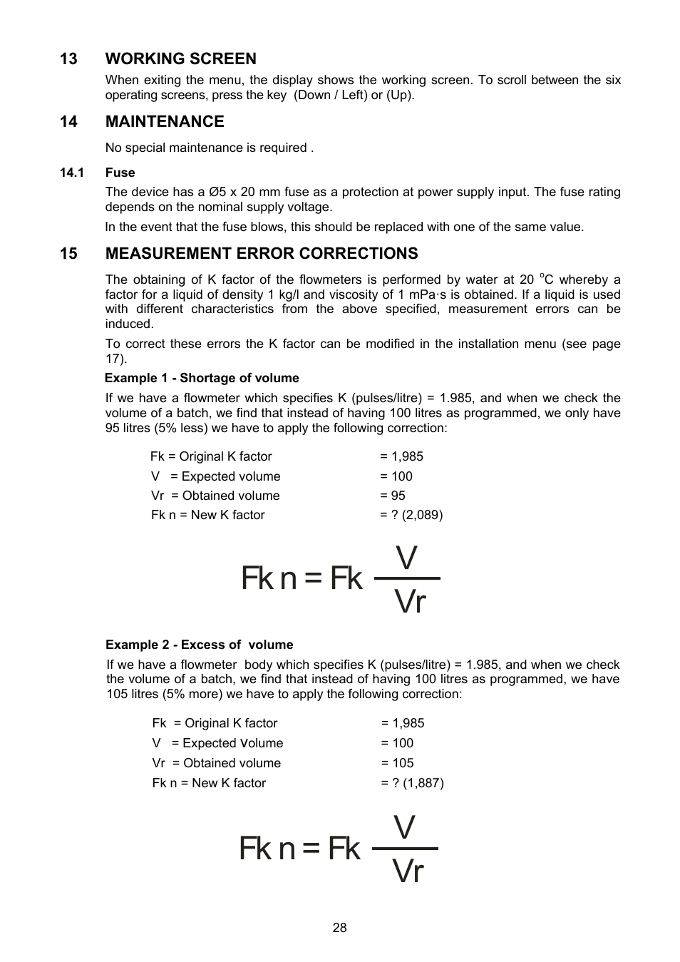 Working screen, Maintenance, 1 fuse | Measurement error corrections, Fk n = fk v vr fk n = fk v vr | Tecfluid MT03F User Manual | Page 28 / 40