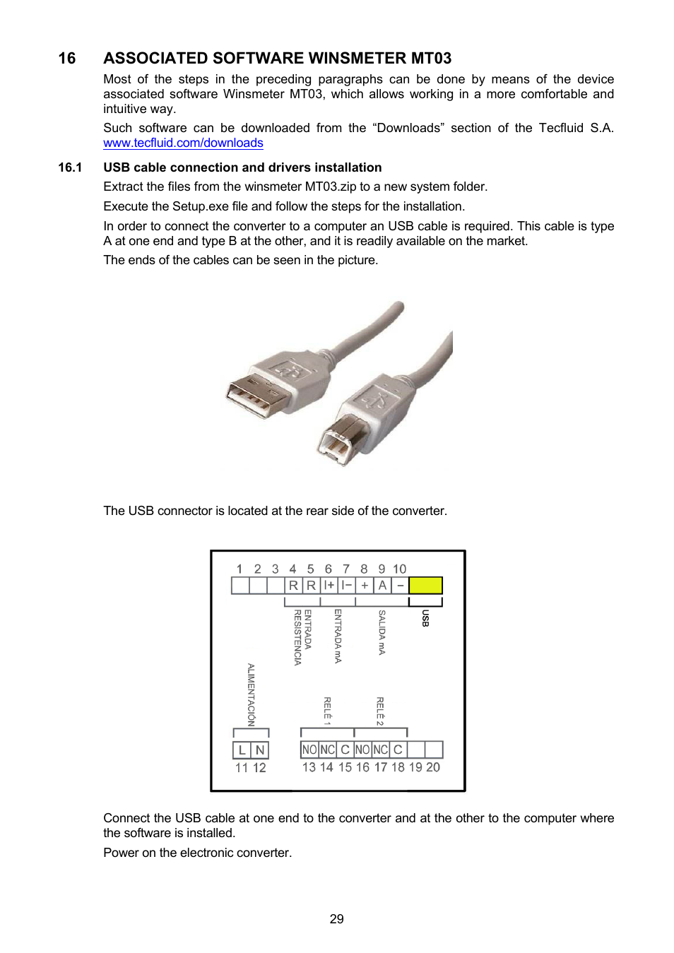 Associated software winsmeter mt03, 1 usb cable connection and drivers installation | Tecfluid MT03F User Manual | Page 29 / 40