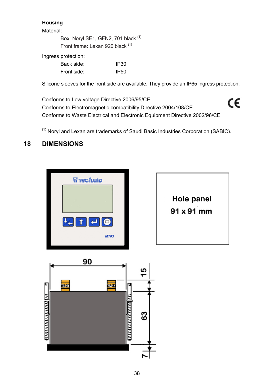 Dimensions, Hole panel | Tecfluid MT03F User Manual | Page 38 / 40