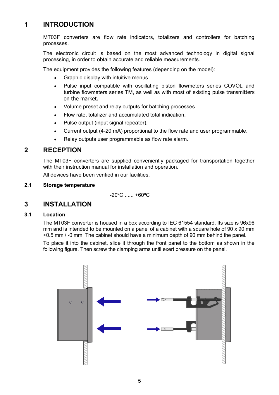 Introduction, Reception, 1 storage temperature | Installation, 1 location, 1 introduction, 2 reception, 3 installation | Tecfluid MT03F User Manual | Page 5 / 40