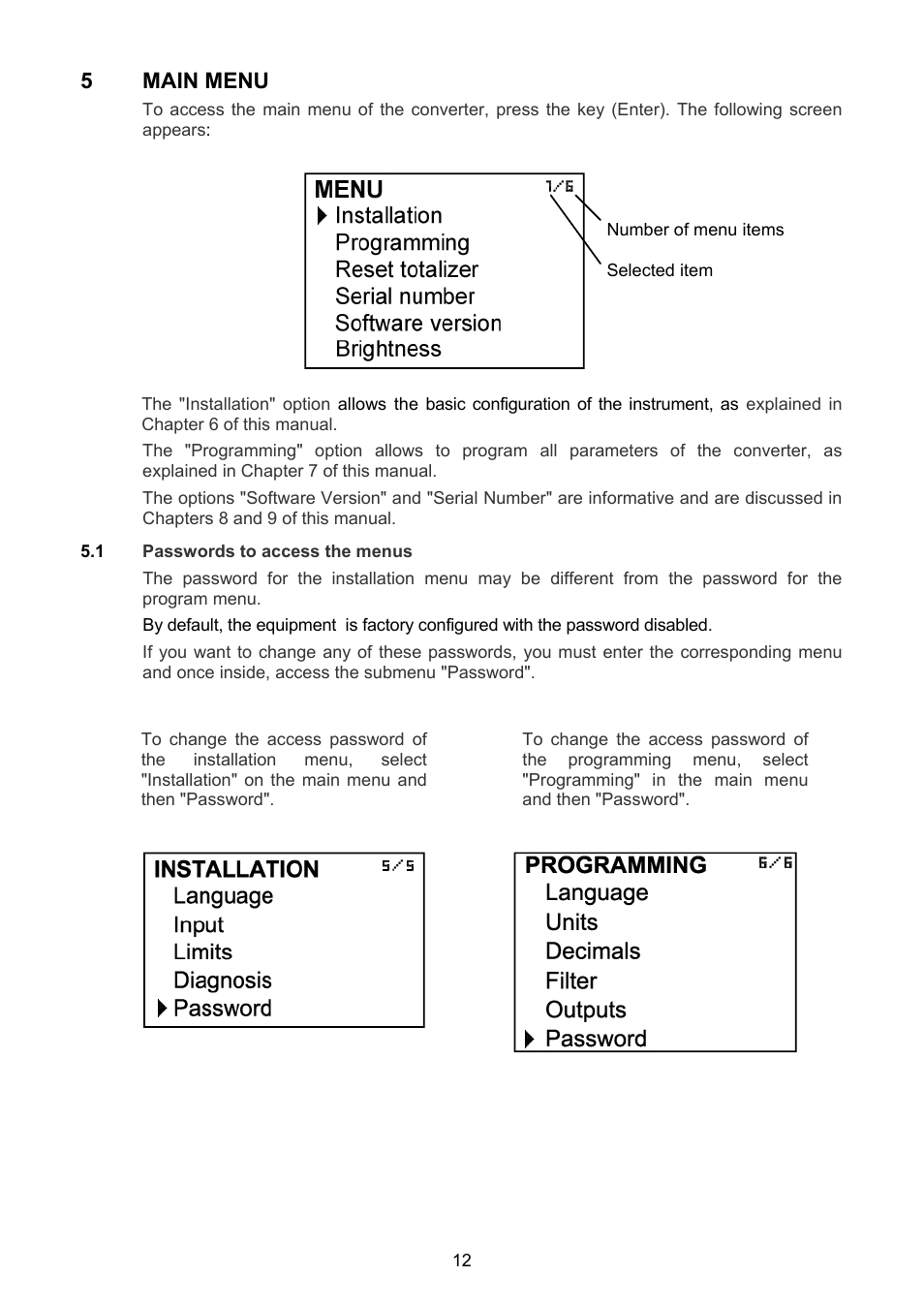 Main menu, 1 passwords to access the menus, 5 main menu | Tecfluid MT03L User Manual | Page 12 / 32