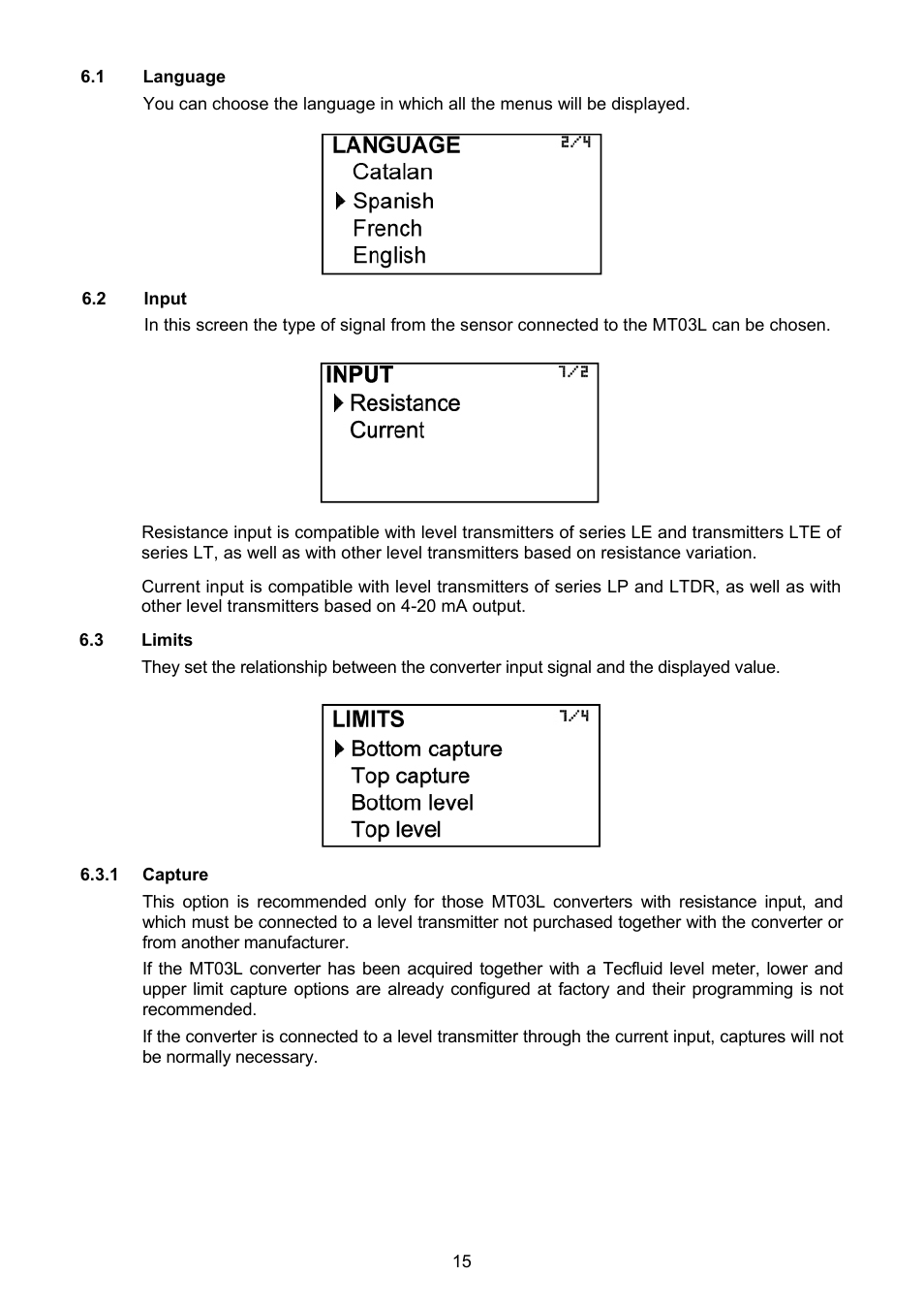1 language, 2 input, 3 limits | 1 capture | Tecfluid MT03L User Manual | Page 15 / 32