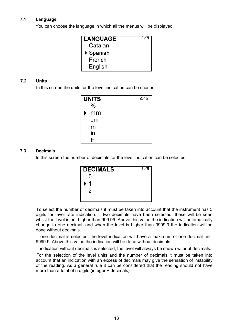1 language, 2 units, 3 decimals | Tecfluid MT03L User Manual | Page 18 / 32