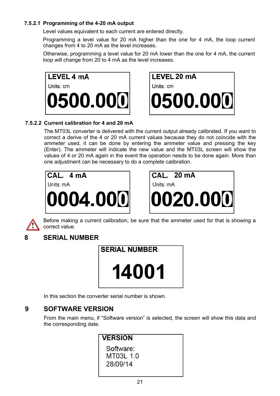 1 programming of the 4-20 ma output, 2 current calibration for 4 and 20 ma, Serial number | Software version | Tecfluid MT03L User Manual | Page 21 / 32