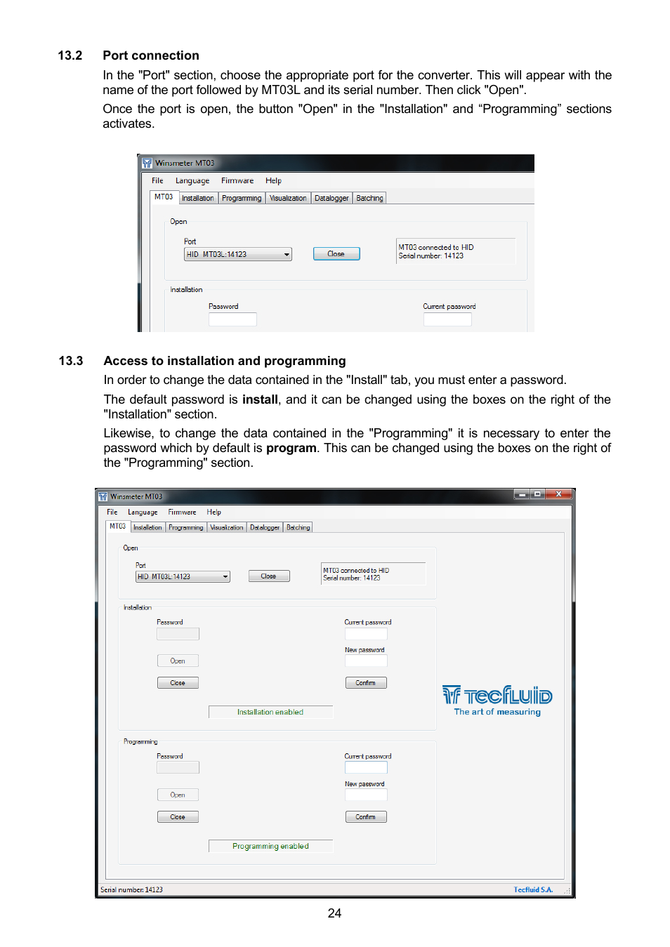 2 port connection, 3 access to installation and programming | Tecfluid MT03L User Manual | Page 24 / 32