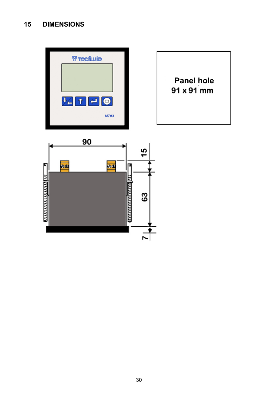 Dimensions, Panel hole | Tecfluid MT03L User Manual | Page 30 / 32