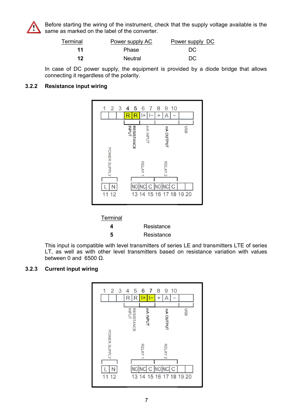 2 resistance input wiring, 3 current input wiring | Tecfluid MT03L User Manual | Page 7 / 32