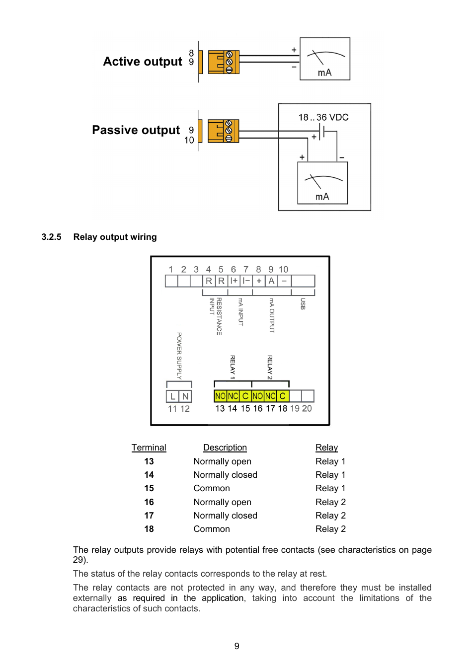 5 relay output wiring, Active output passive output | Tecfluid MT03L User Manual | Page 9 / 32