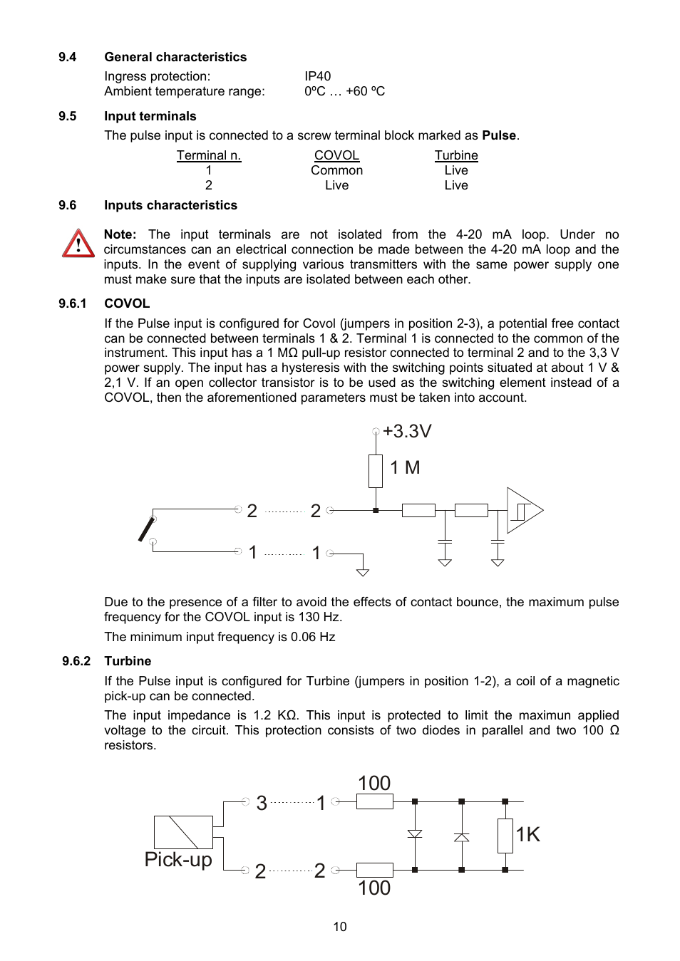 4 general characteristics, 5 input terminals, 6 input characteristics | 1 covol, 2 turbine | Tecfluid CP420R User Manual | Page 10 / 12