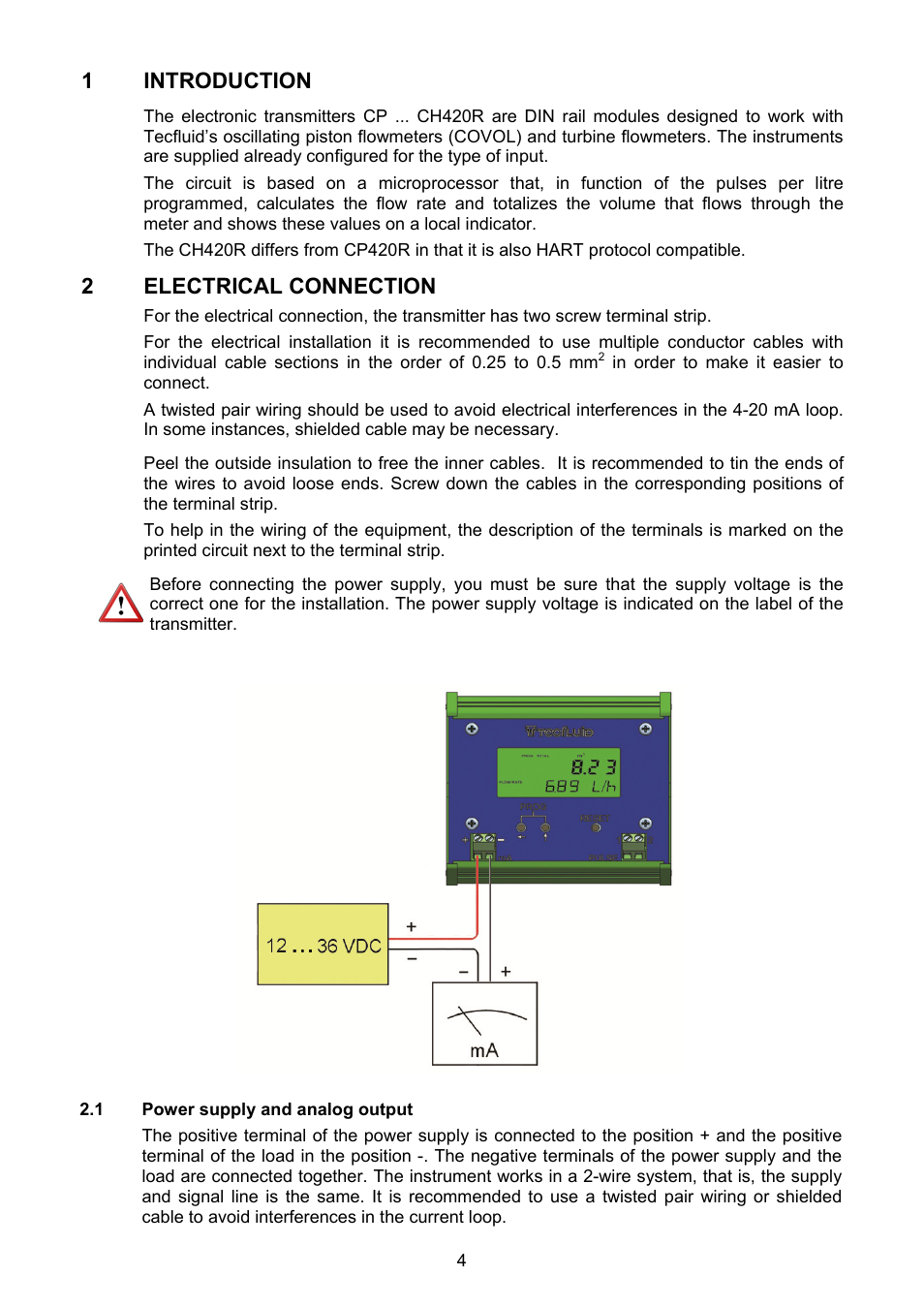 Introduction, Electrical connection, 1 power supply and analog output | Tecfluid CP420R User Manual | Page 4 / 12