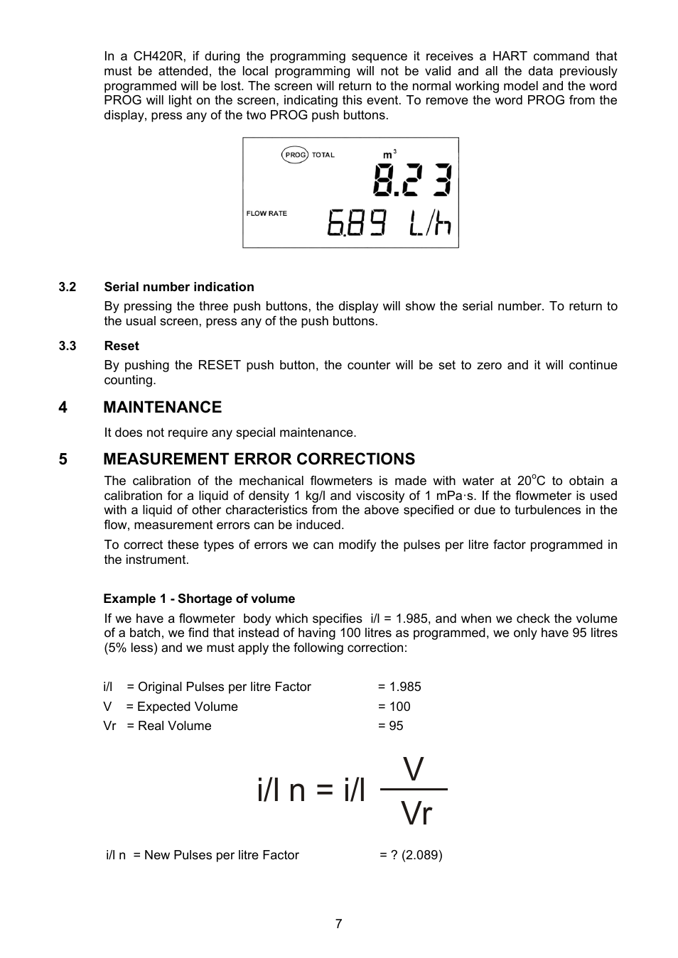 2 serial number indication, 3 reset, Maintenance | Measurement error corrections, I/l n = i/l v vr | Tecfluid CP420R User Manual | Page 7 / 12