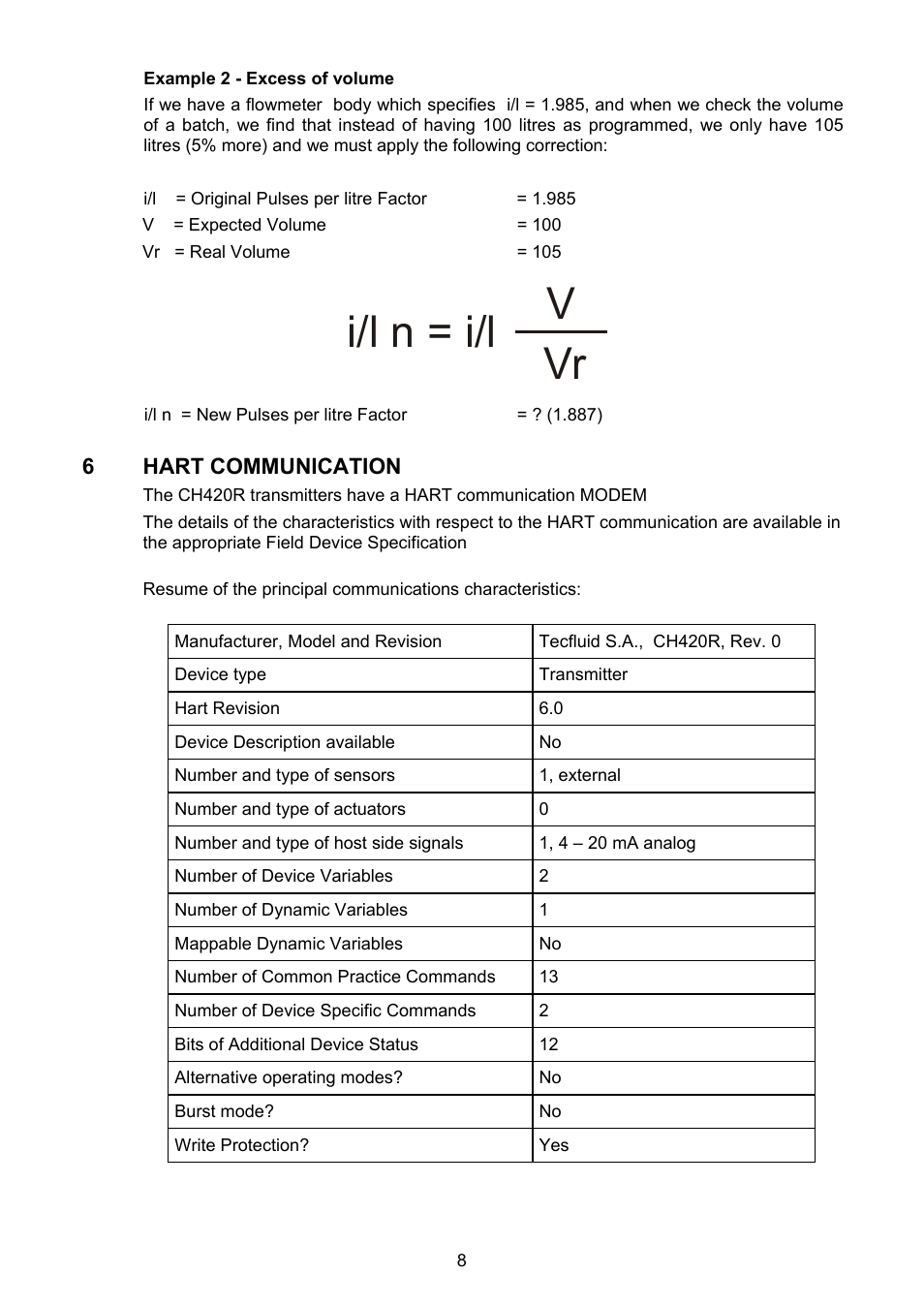 Hart communication, I/l n = i/l v vr | Tecfluid CP420R User Manual | Page 8 / 12