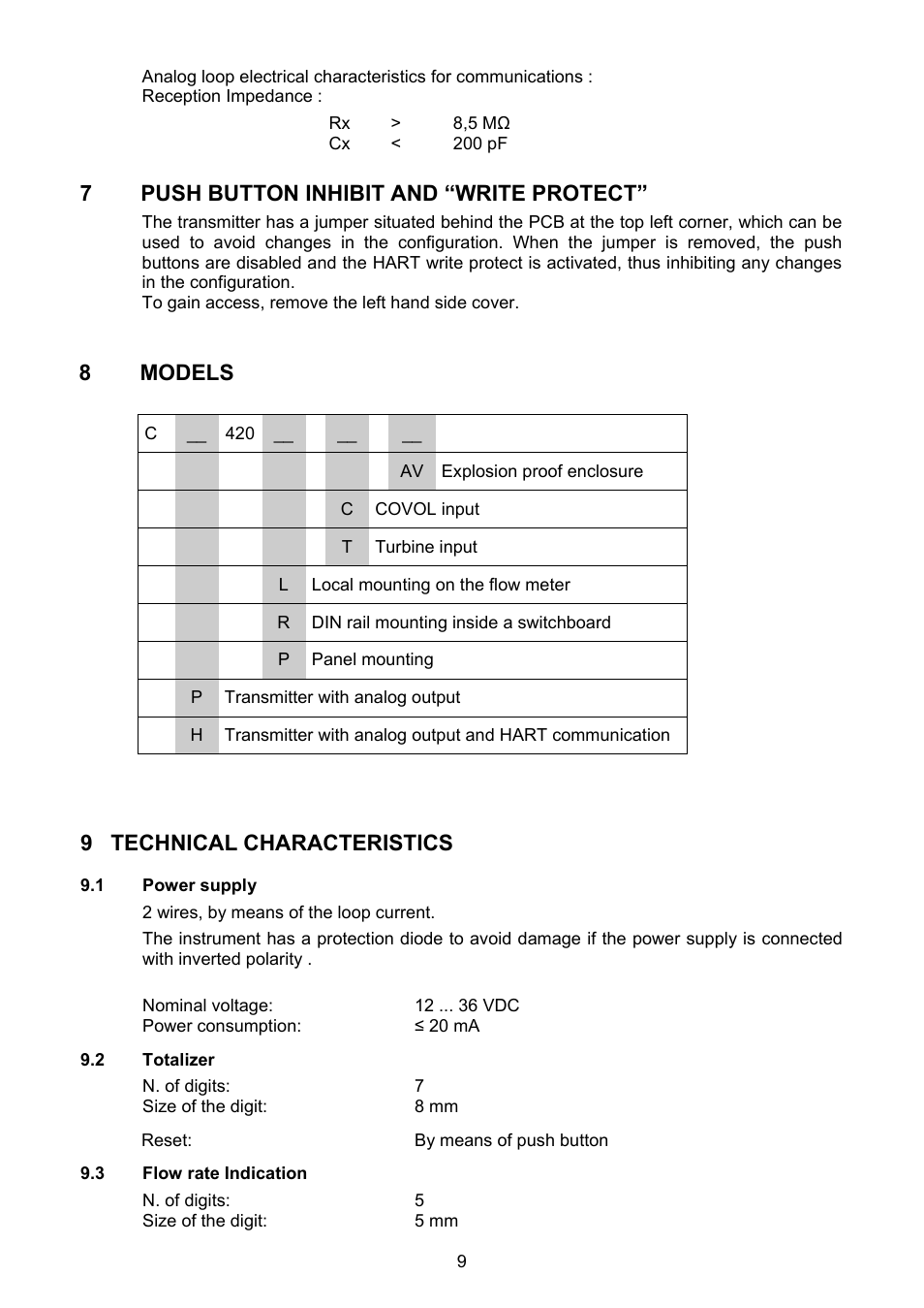 Push button inhibit and "write protect, Models, Technical characteristics | 1 power supply, 2 totalizer, 3 flow rate indication, 7push button inhibit and “write protect, 8 models, 9 technical characteristics | Tecfluid CP420R User Manual | Page 9 / 12