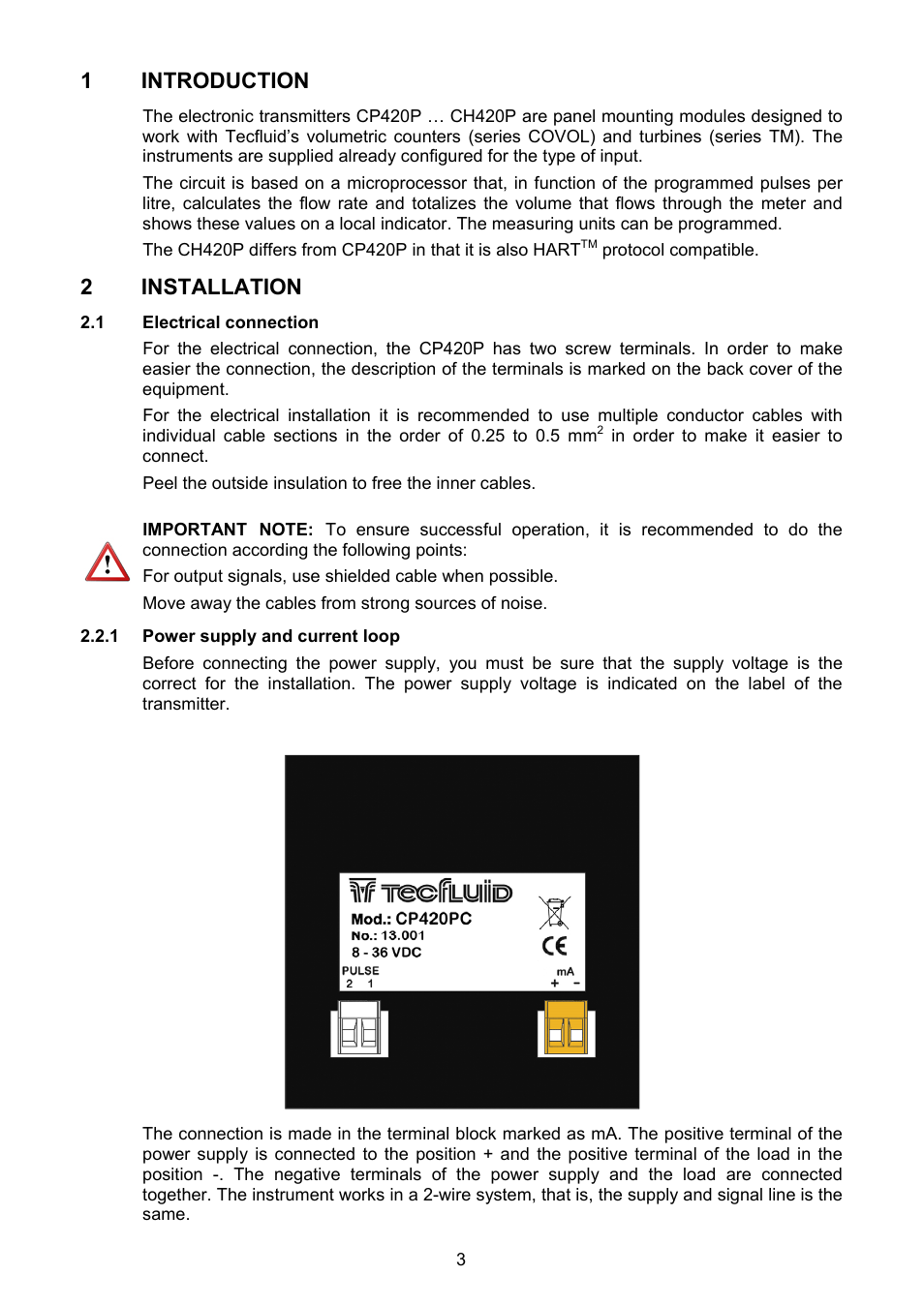 1 introduction, 2 installation | Tecfluid CP420P User Manual | Page 3 / 12