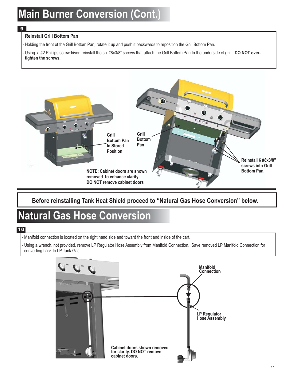 Main burner conversion (cont.), Natural gas hose conversion | Char-Broil 4539937 User Manual | Page 17 / 24