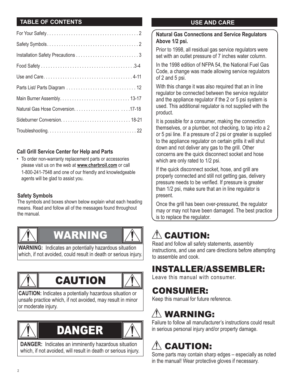 Danger, Warning, Caution | Installer/assembler, Consumer | Char-Broil 4539937 User Manual | Page 2 / 24