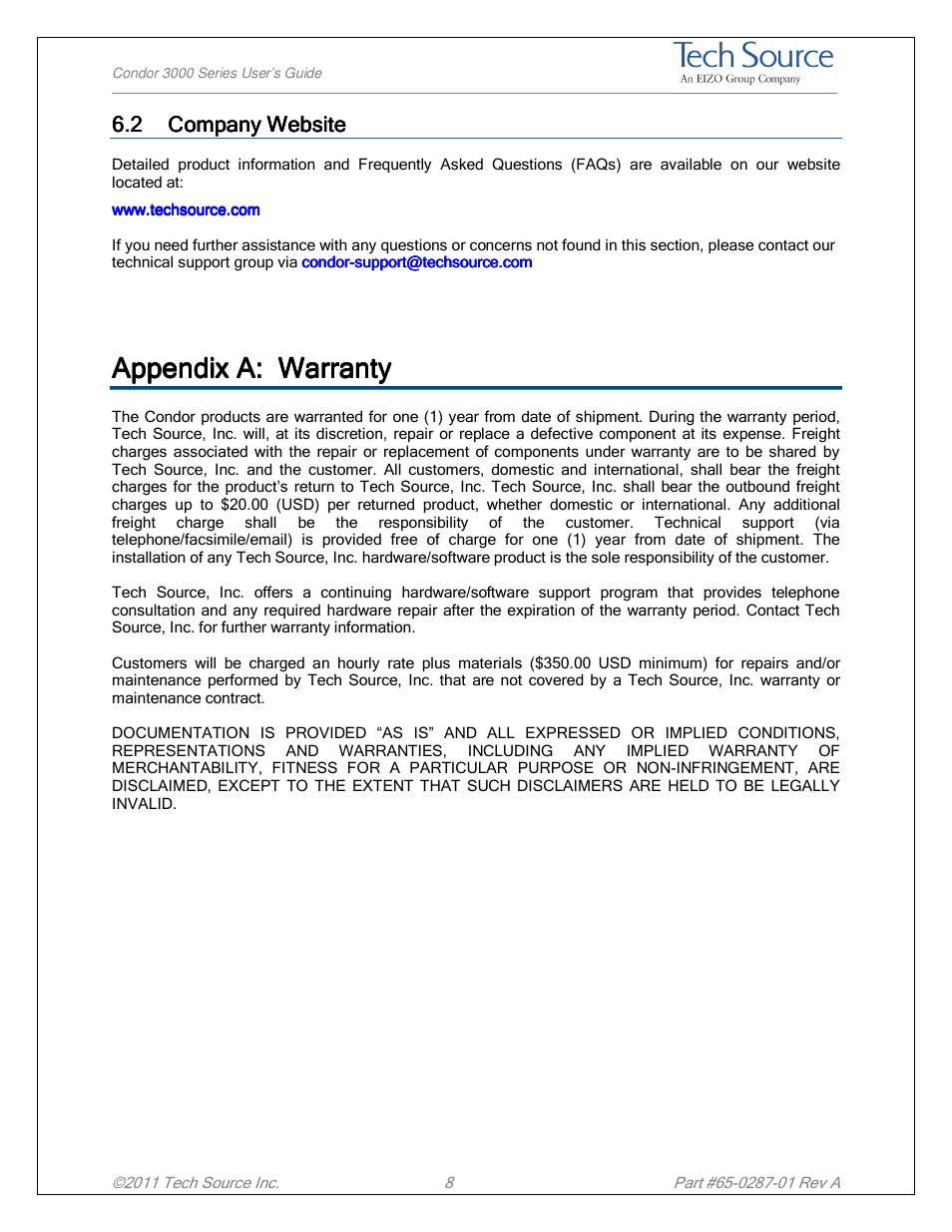 Appendix a | Tech Source Condor 3000 Series User Manual | Page 11 / 11