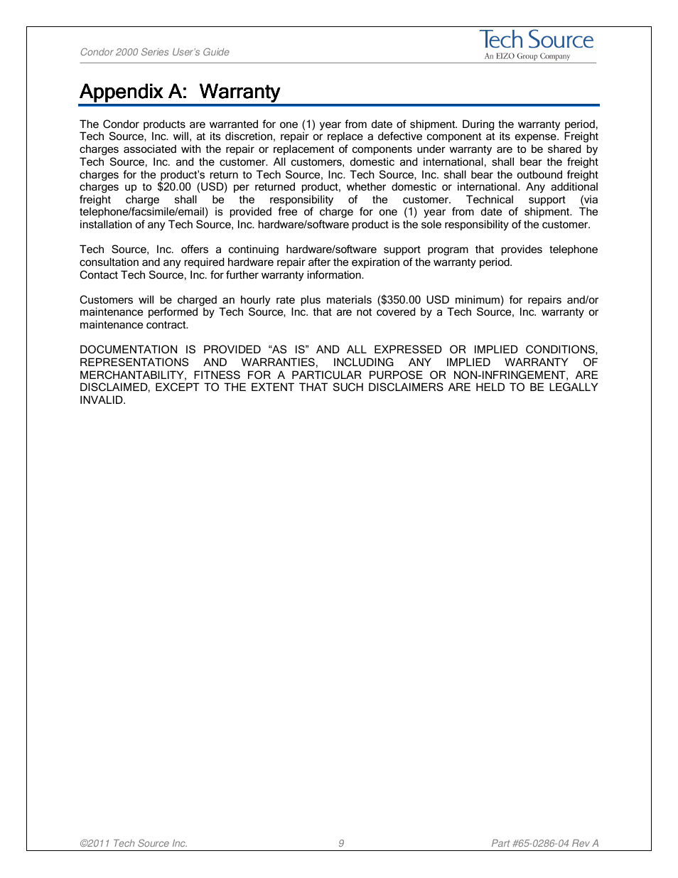Appendix a | Tech Source Condor 2000 Series User Manual | Page 12 / 12
