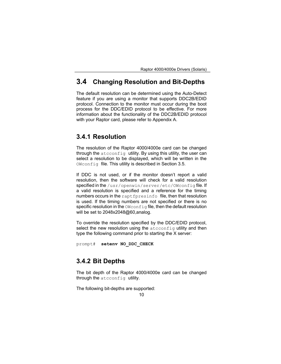 Changing resolution and bit-depths, 1 resolution, 2 bit depths | Tech Source Raptor 4000 (for Solaris) User Manual | Page 14 / 41