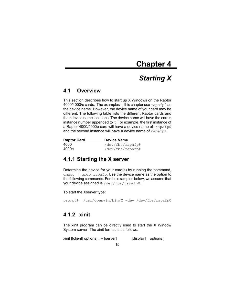 Chapter 4, Starting x, 1 overview | 1 starting the x server, 2 xinit | Tech Source Raptor 4000 (for Solaris) User Manual | Page 19 / 41