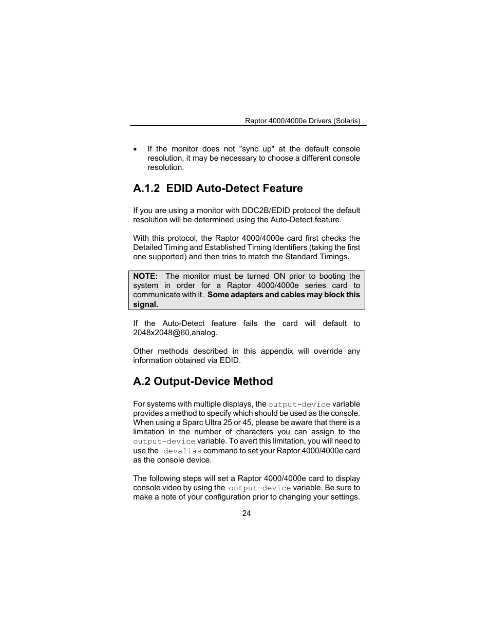 A.1.2 edid auto-detect feature, A.2 output-device method | Tech Source Raptor 4000 (for Solaris) User Manual | Page 28 / 41