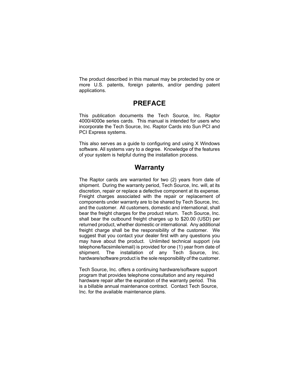 Preface, Warranty | Tech Source Raptor 4000 (for Solaris) User Manual | Page 3 / 41