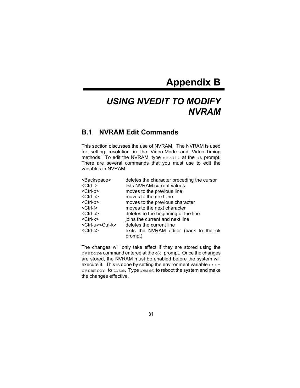 Appendix b, Using nvedit to modify nvram, B.1 nvram edit commands | Tech Source Raptor 4000 (for Solaris) User Manual | Page 35 / 41