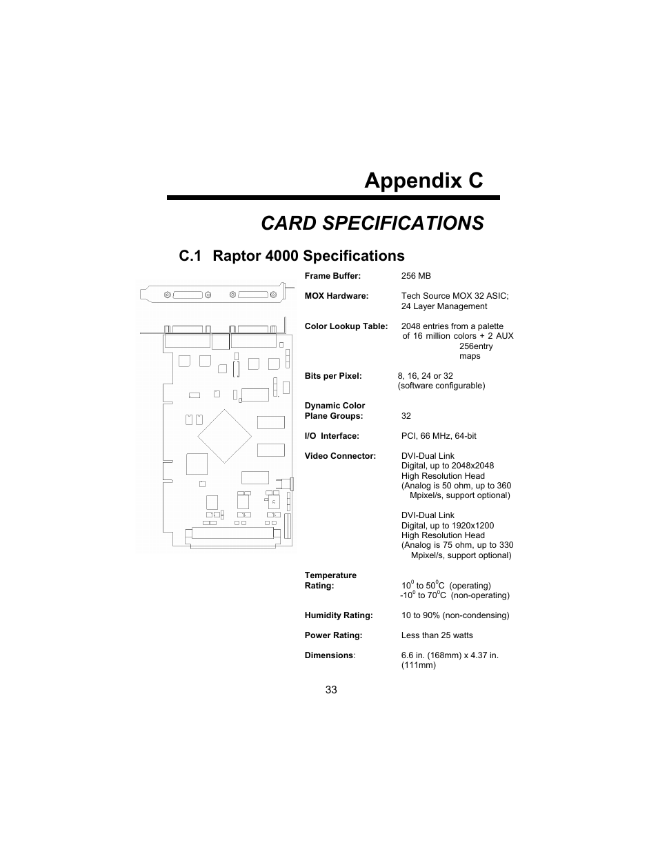 Appendix c, Card specifications | Tech Source Raptor 4000 (for Solaris) User Manual | Page 37 / 41