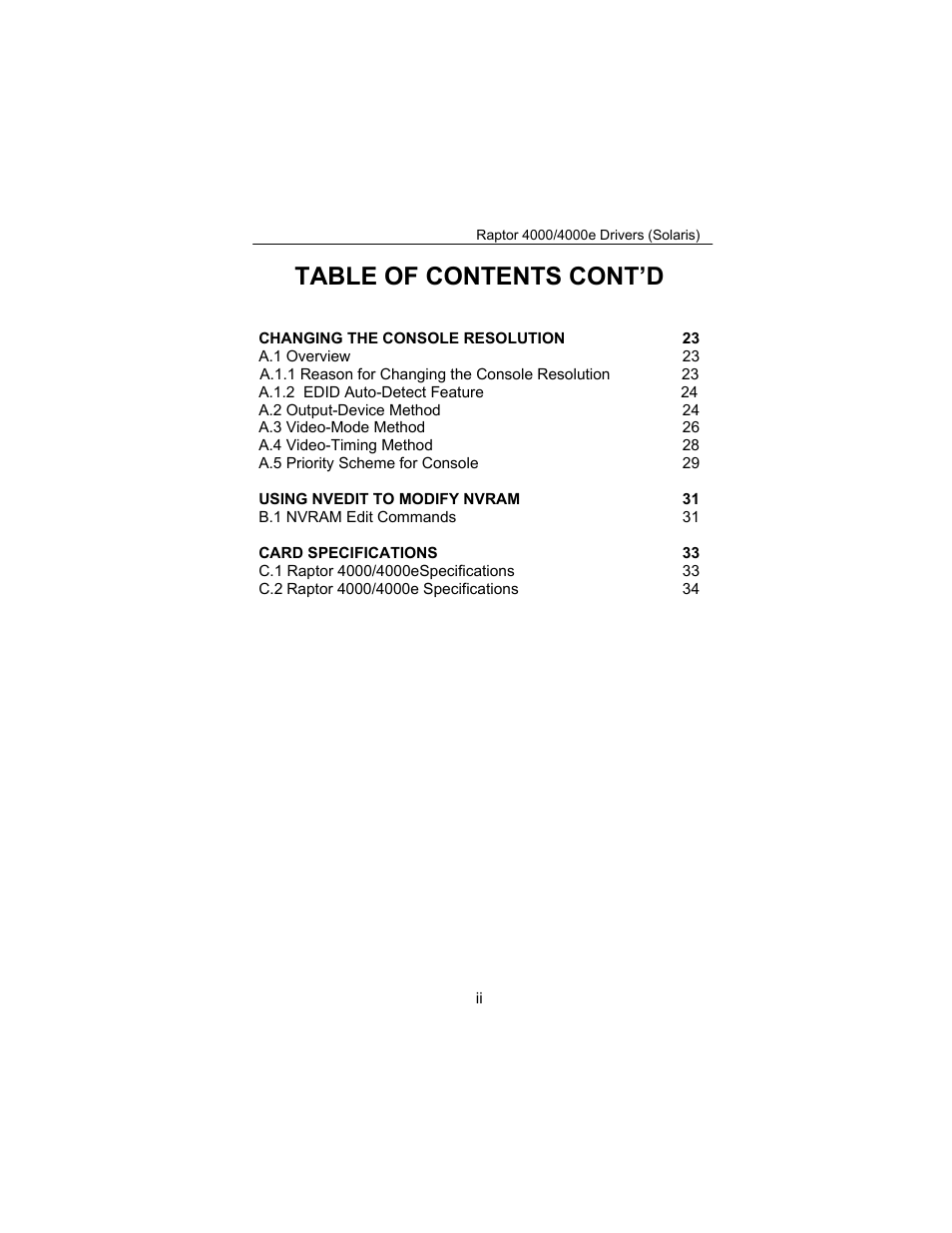 Table of contents cont’d | Tech Source Raptor 4000 (for Solaris) User Manual | Page 6 / 41