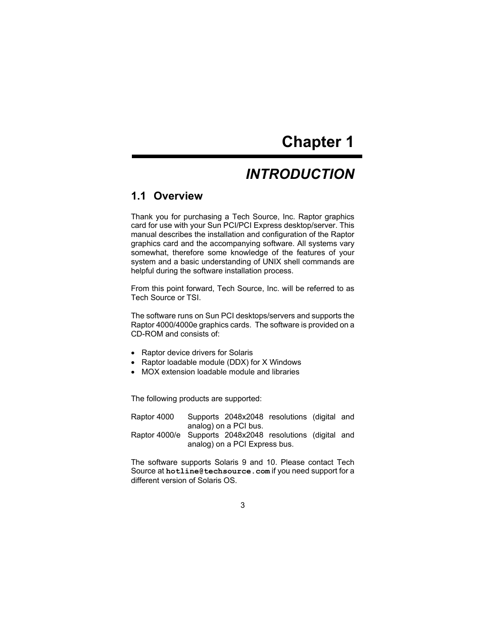 Chapter 1, Introduction | Tech Source Raptor 4000 (for Solaris) User Manual | Page 7 / 41