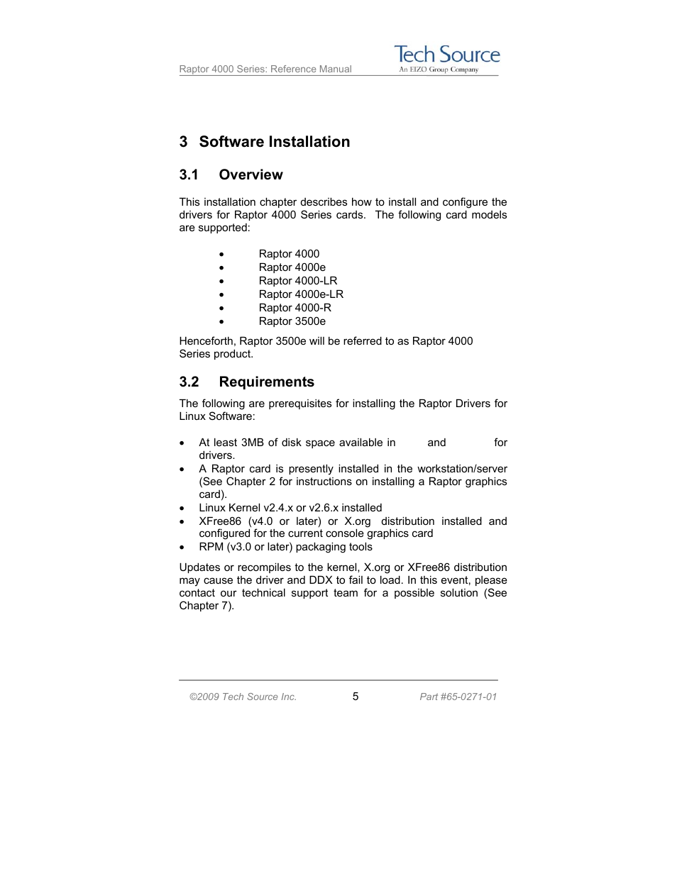 3 software installation, 1 overview, 2 requirements | Tech Source Raptor 4000 Series (for Linux) User Manual | Page 11 / 64