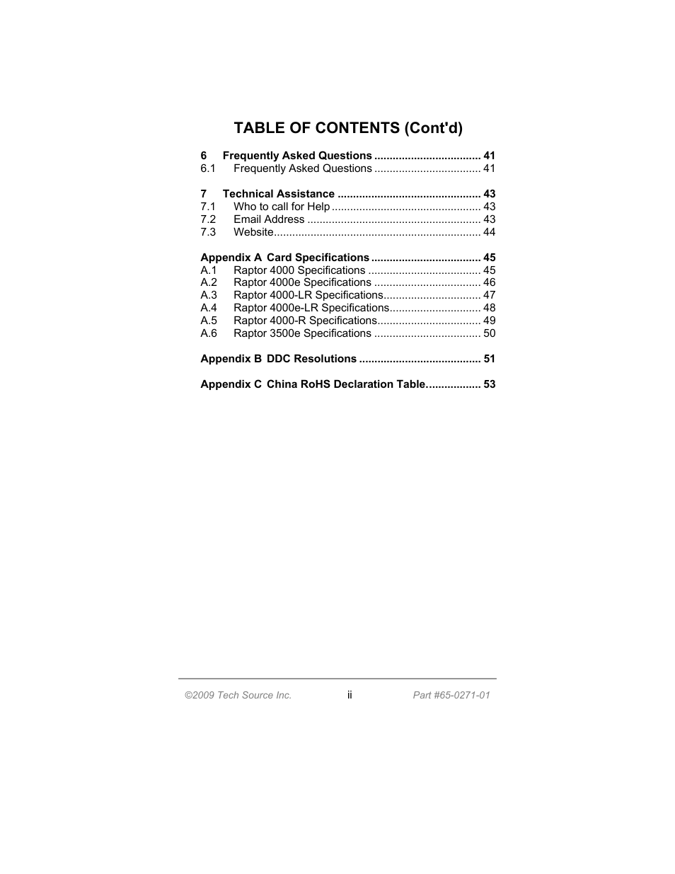 Table of contents (cont'd) | Tech Source Raptor 4000 Series (for Linux) User Manual | Page 6 / 64