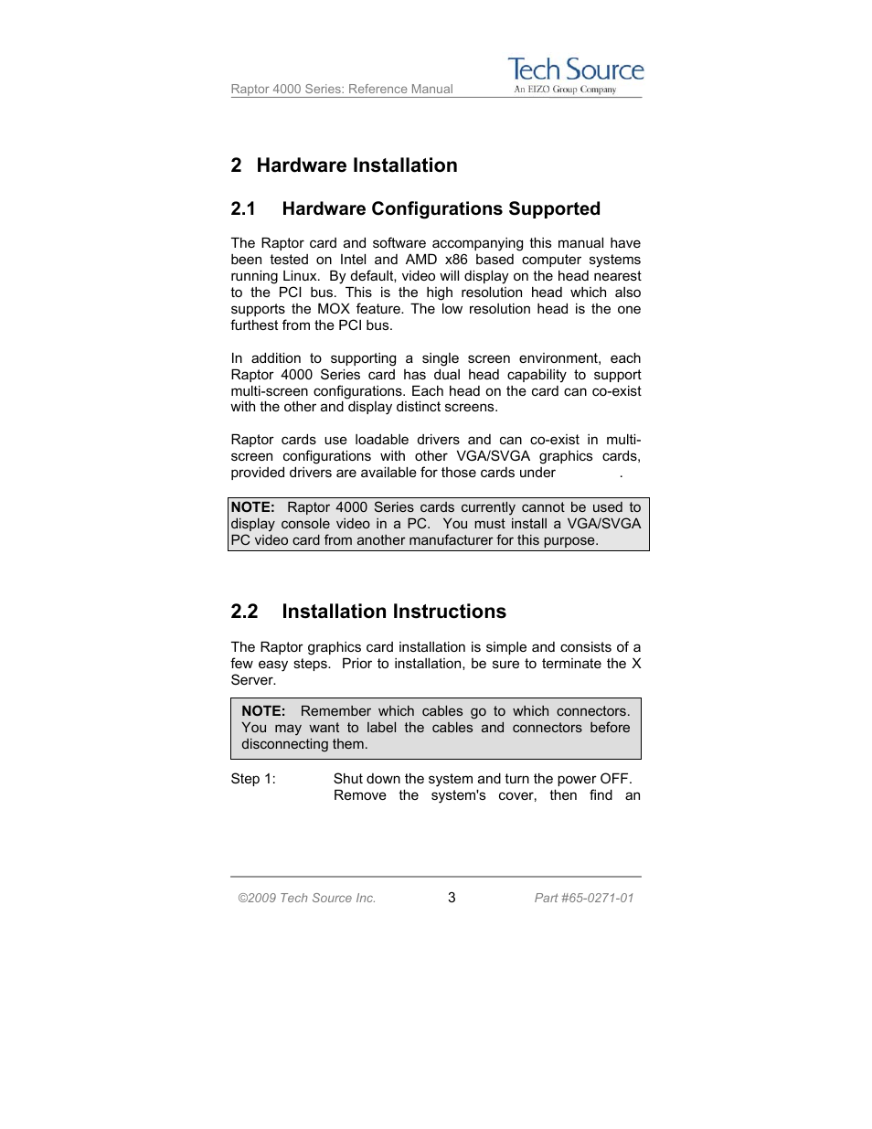 2 hardware installation, 2 installation instructions, 1 hardware configurations supported | Tech Source Raptor 4000 Series (for Linux) User Manual | Page 9 / 64