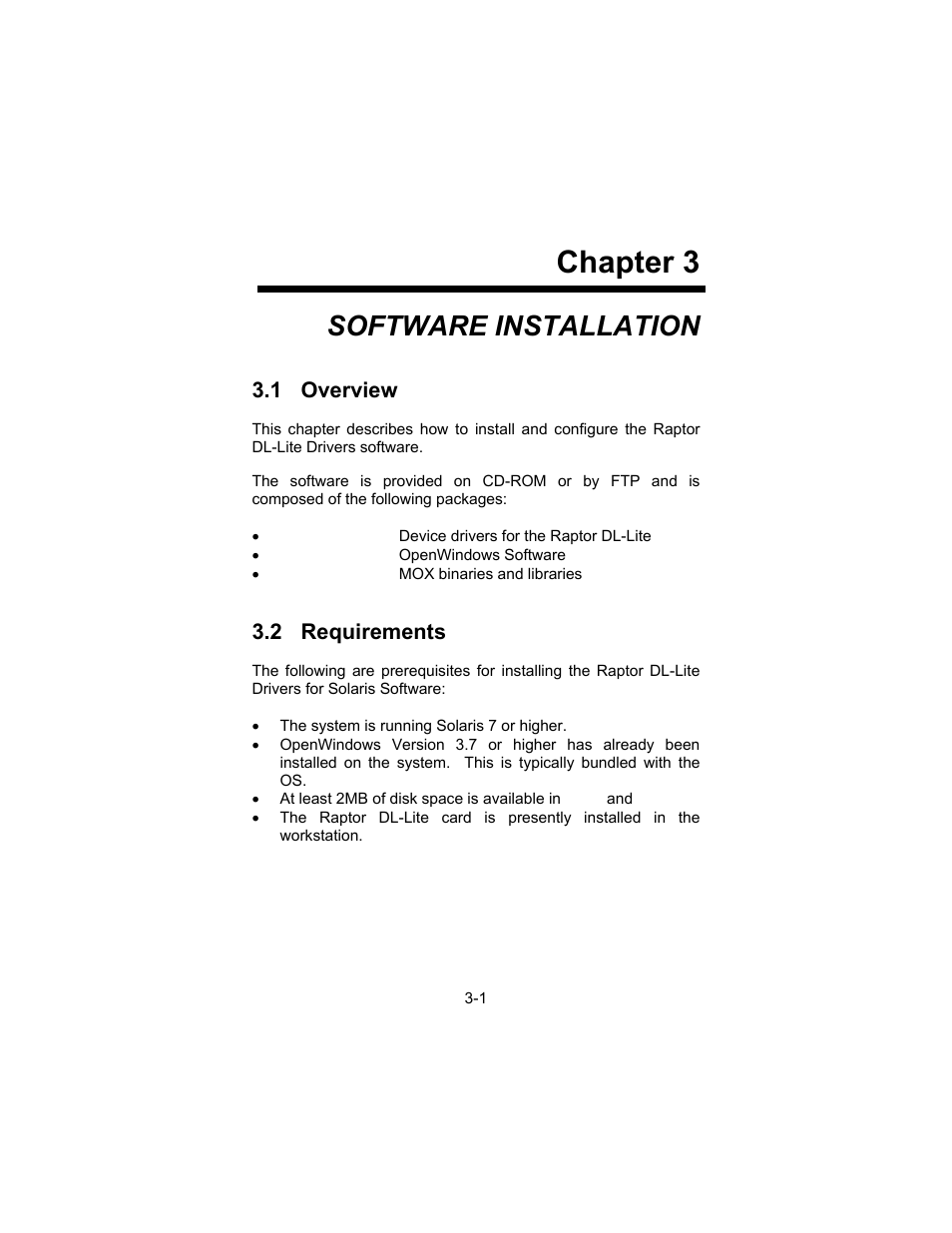 Chapter 3, Software installation, 1 overview | 2 requirements | Tech Source Raptor DL-Lite Drivers for Solaris User Manual | Page 11 / 36